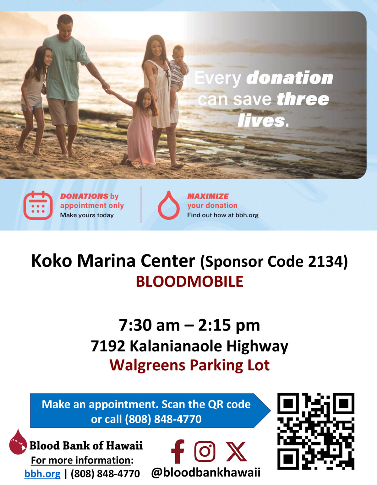 Bloodmobile at Koko Marina Center by Blood Bank of Hawaii Flyer